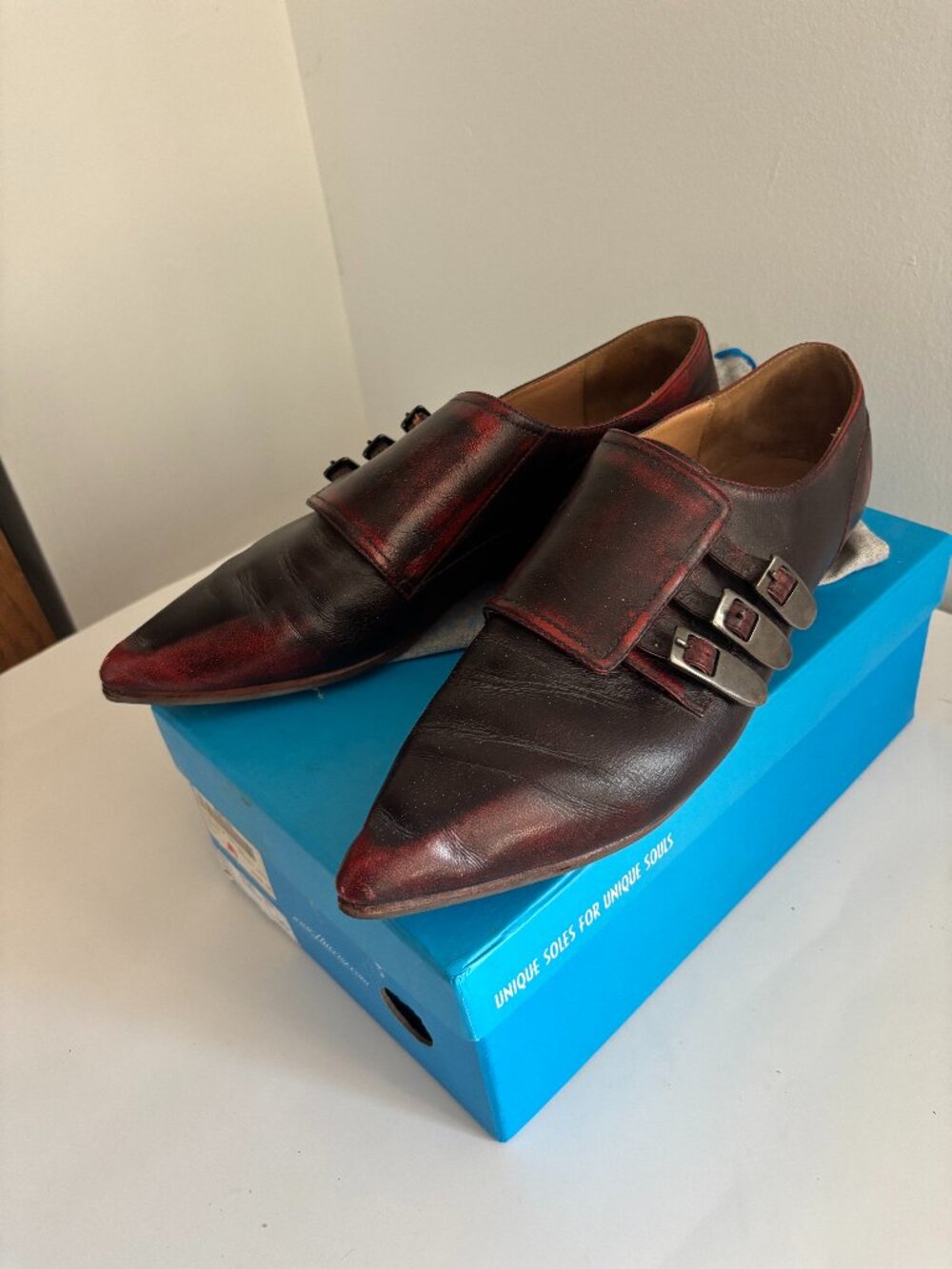 Fleuvog Catherine Flat Triple Monk Strap Red Shoe - Size 10